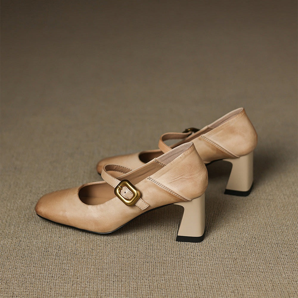 Escarpins Cuir Véritable Femme Bride Boucle Bout Carré