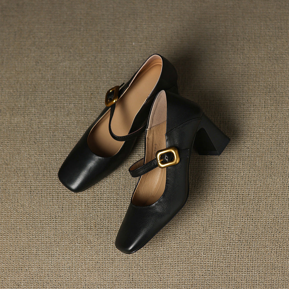 Escarpins Cuir Véritable Femme Bride Boucle Bout Carré