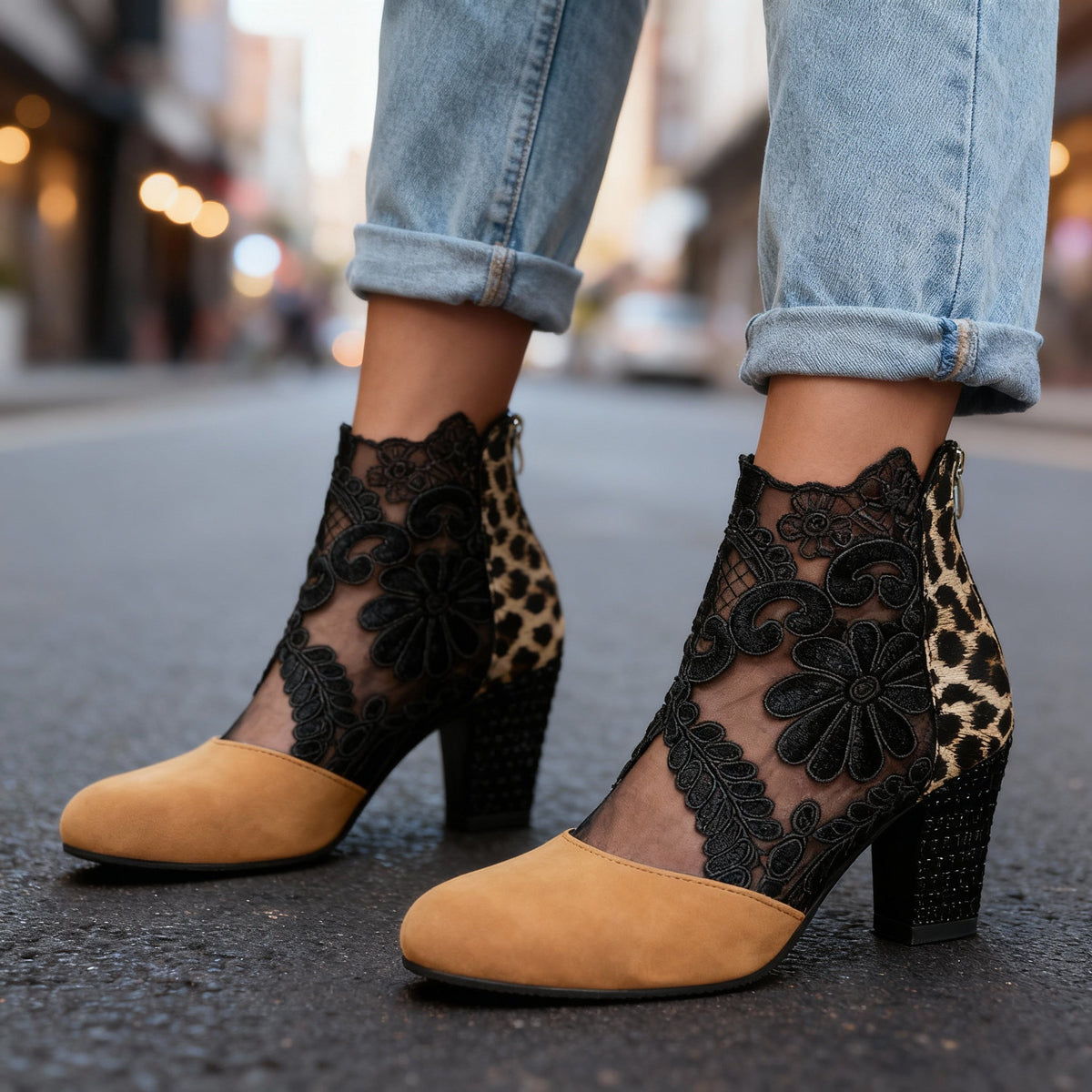 Escarpins dentelle suède femme talon bloc clouté - Imprimé Léopard