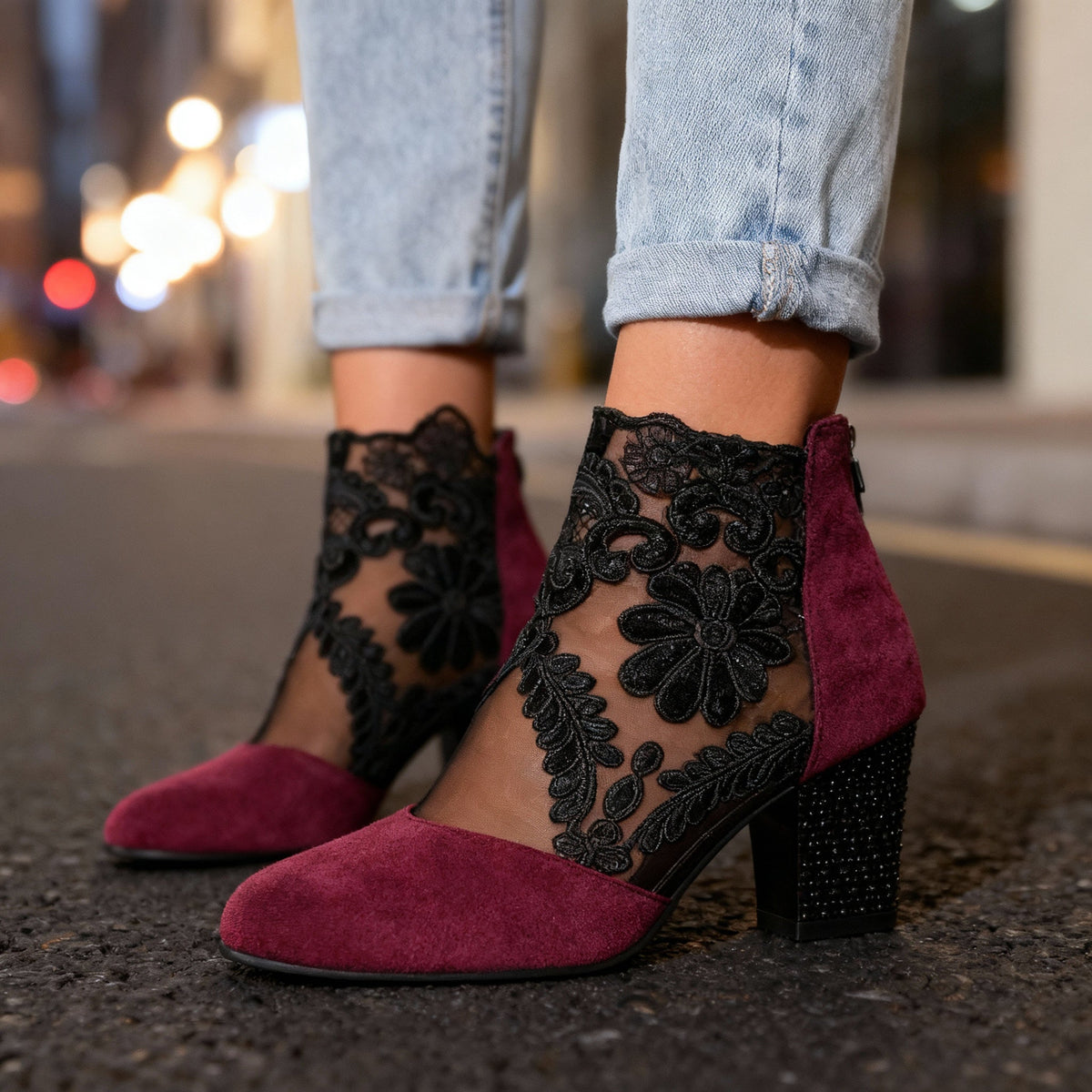 Escarpins dentelle suède femme talon bloc clouté - Bordeaux