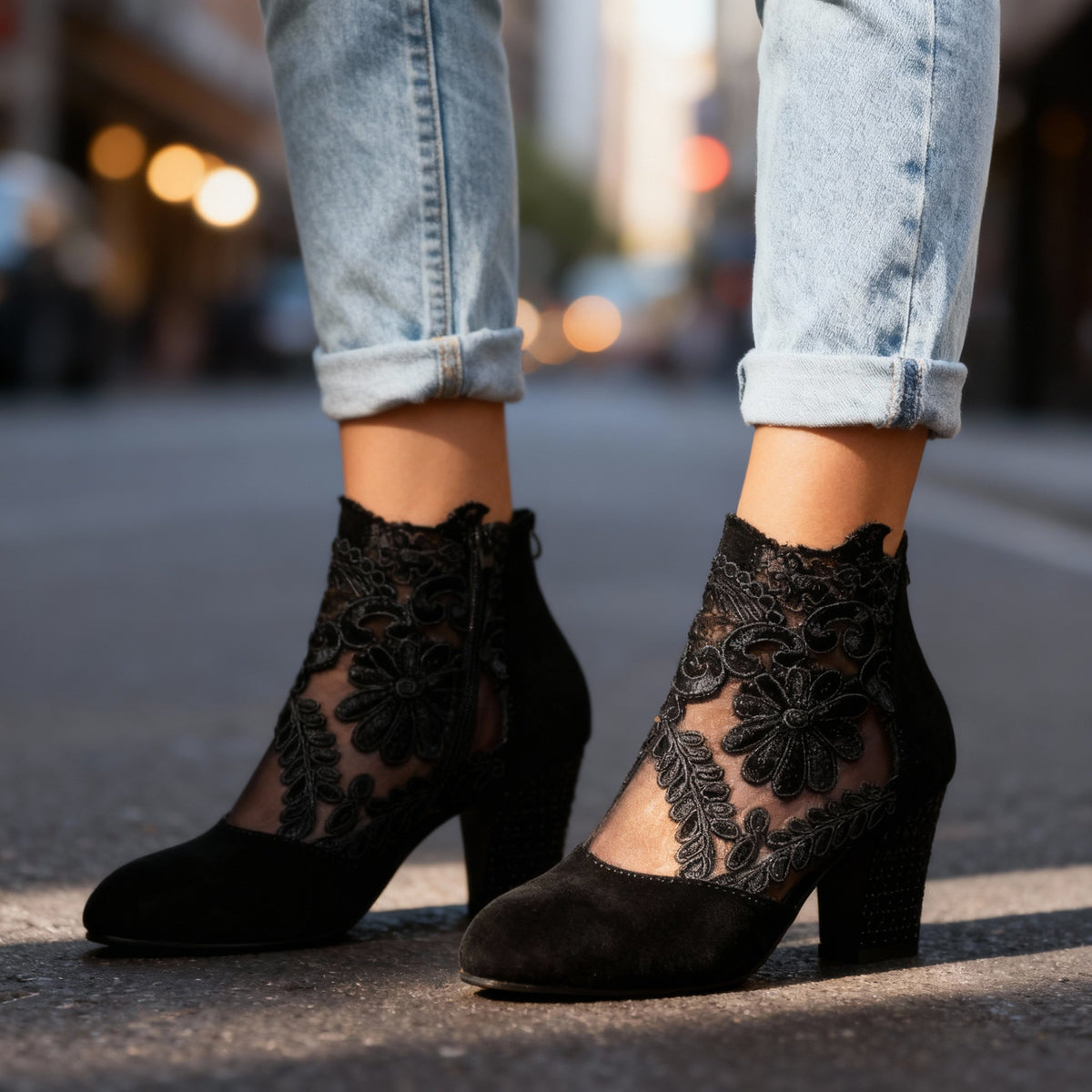 Escarpins dentelle suède femme talon bloc clouté - Noir