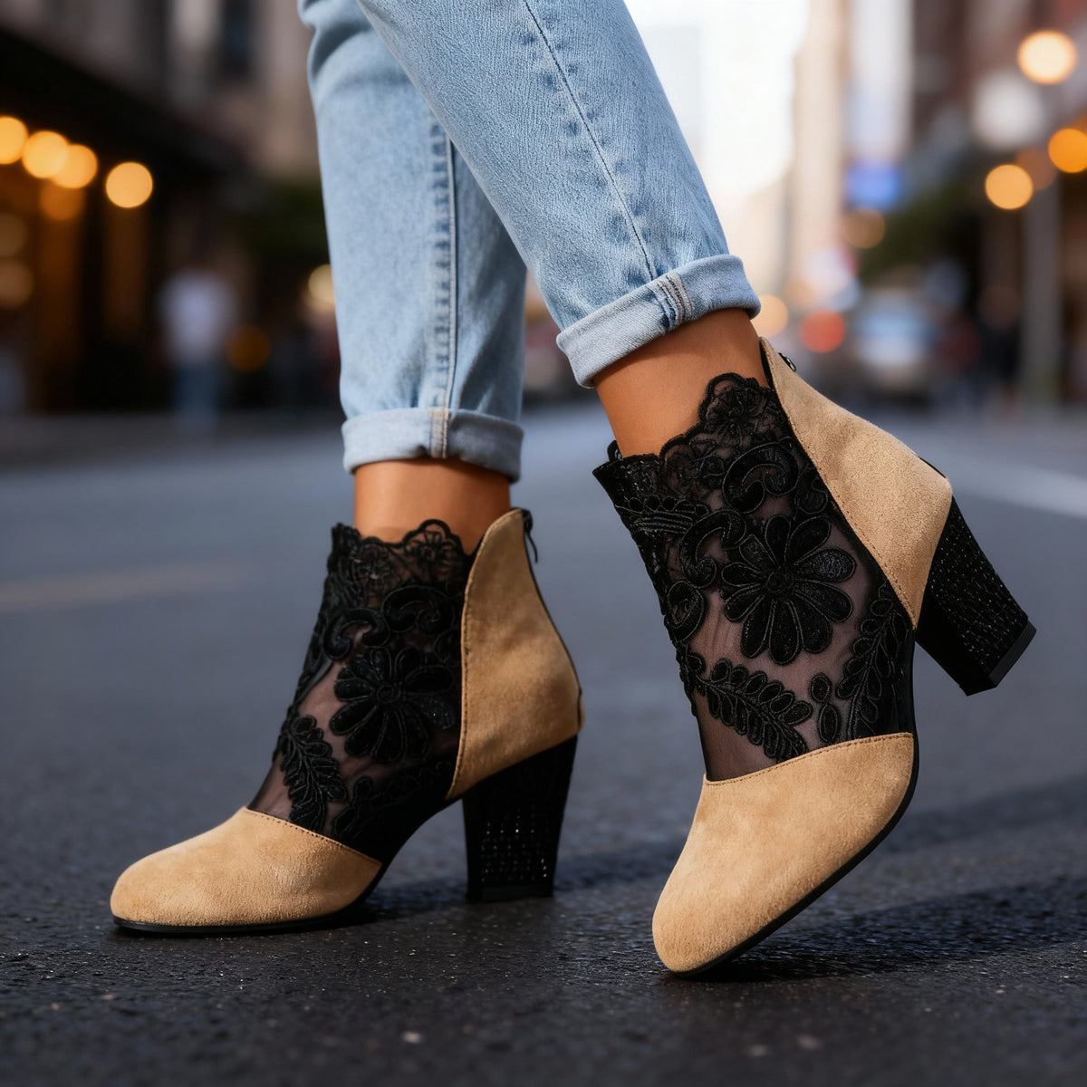 Escarpins dentelle suède femme talon bloc clouté