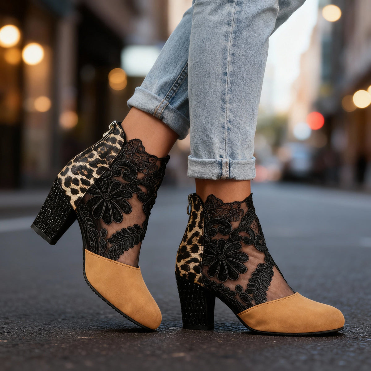 Escarpins dentelle suède femme talon bloc clouté