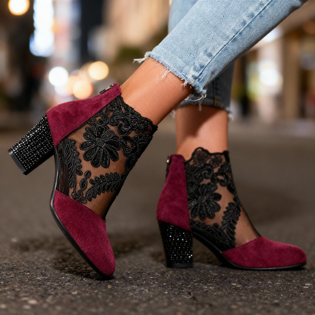 Escarpins dentelle suède femme talon bloc clouté