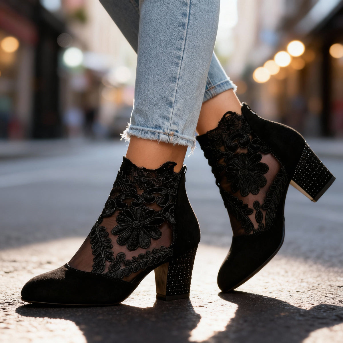 Escarpins dentelle suède femme talon bloc clouté