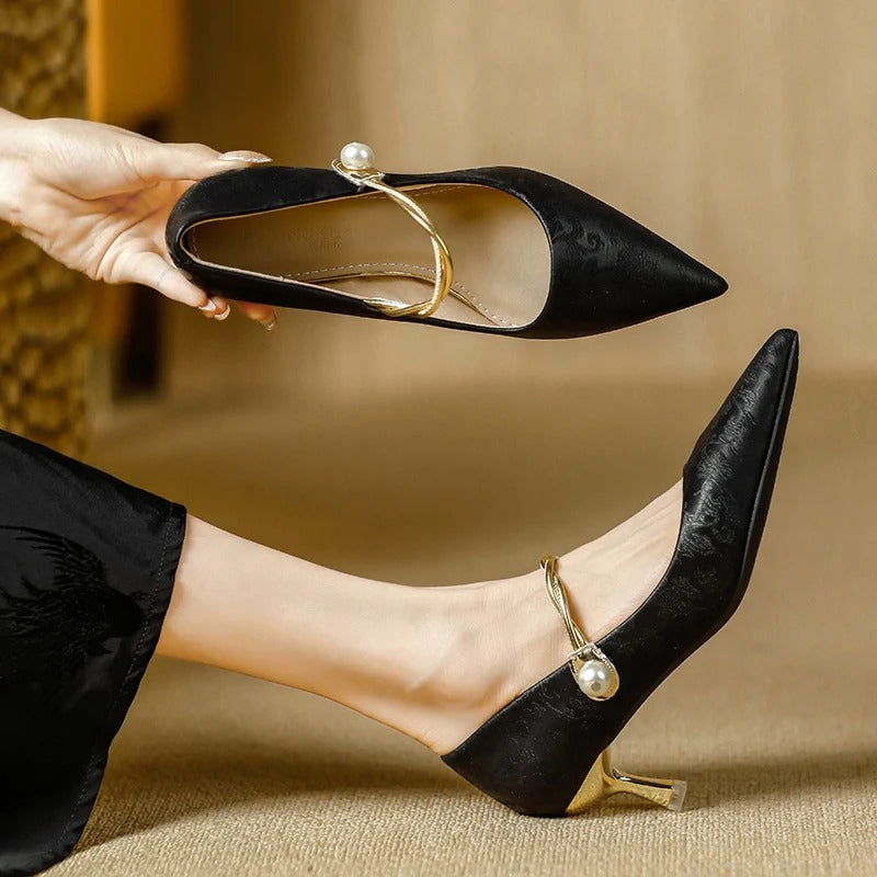 Escarpins Femme Bout Pointu Talon Fin Bride Torsadée Satin Soirée