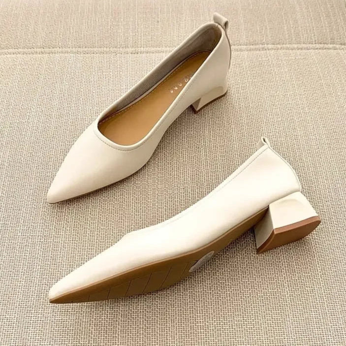 Escarpins Femme Cuir Souple Bout Pointu Talon Bloc - Beige