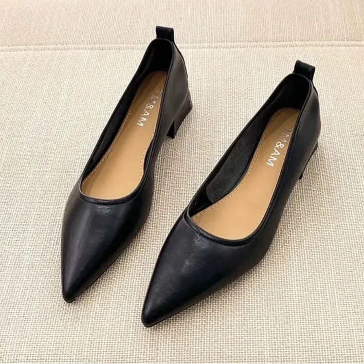 Escarpins Femme Cuir Souple Bout Pointu Talon Bloc - Noir