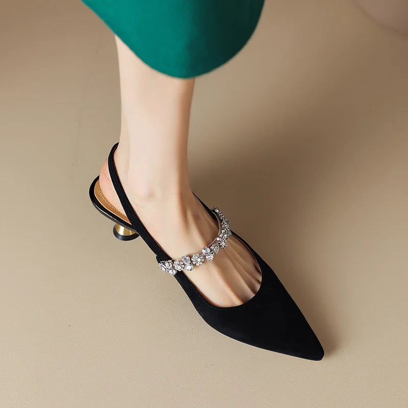 Escarpins Kitten Heels Femme Bout Pointu Strass - Suede Black