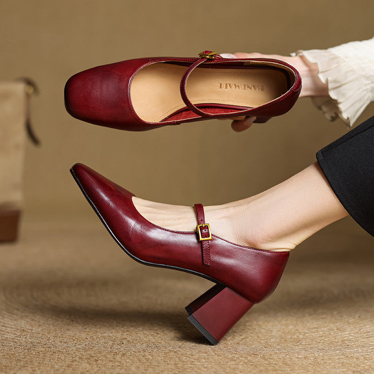 Escarpins Mary Jane Cuir Femme Bout Carré Talon Bloc - Bordeaux