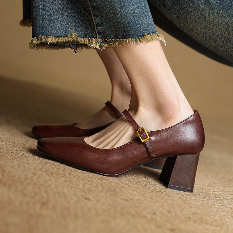 Escarpins Mary Jane Cuir Femme Bout Carré Talon Bloc