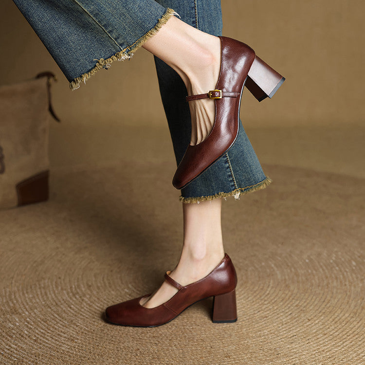 Escarpins Mary Jane Cuir Femme Bout Carré Talon Bloc