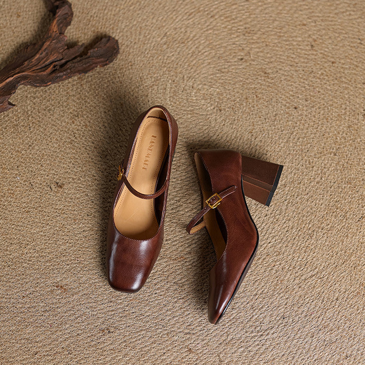 Escarpins Mary Jane Cuir Femme Bout Carré Talon Bloc