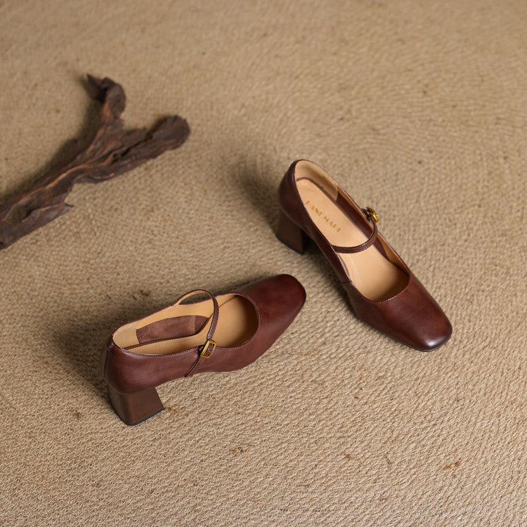 Escarpins Mary Jane Cuir Femme Bout Carré Talon Bloc
