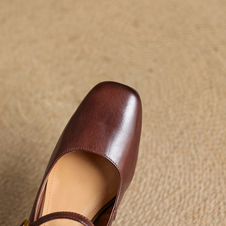 Escarpins Mary Jane Cuir Femme Bout Carré Talon Bloc