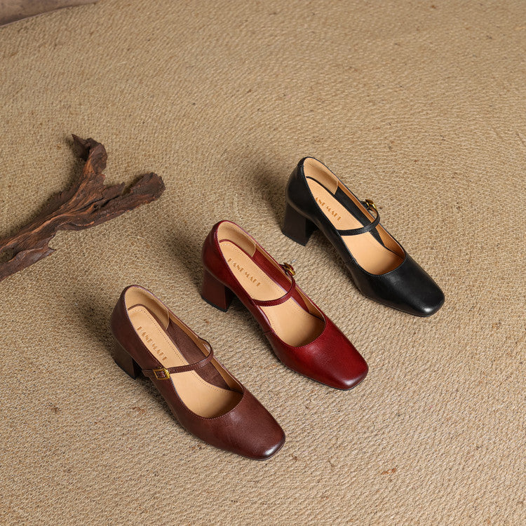 Escarpins Mary Jane Cuir Femme Bout Carré Talon Bloc