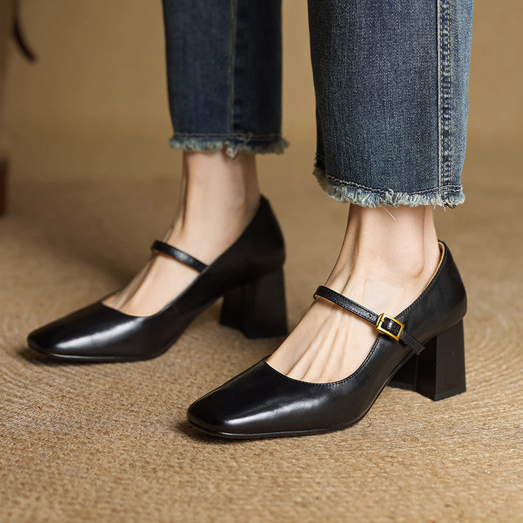 Escarpins Mary Jane Cuir Femme Bout Carré Talon Bloc - Noir