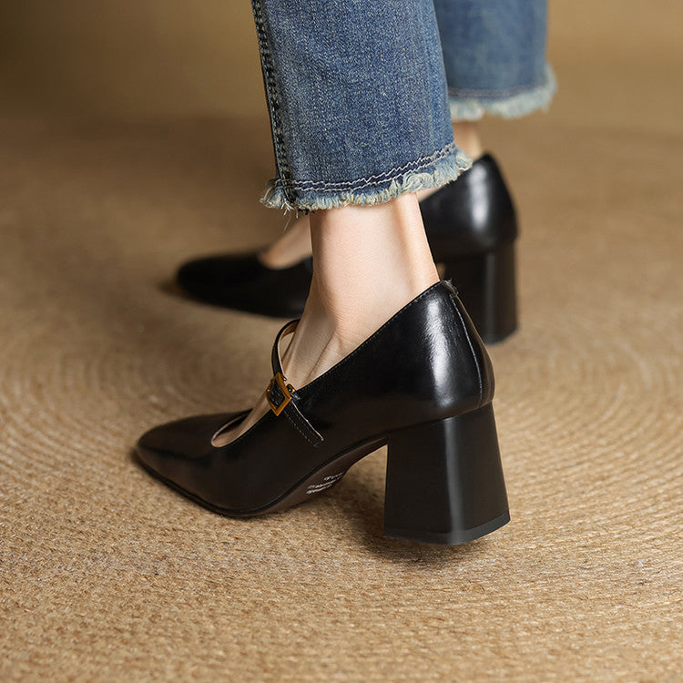 Escarpins Mary Jane Cuir Femme Bout Carré Talon Bloc