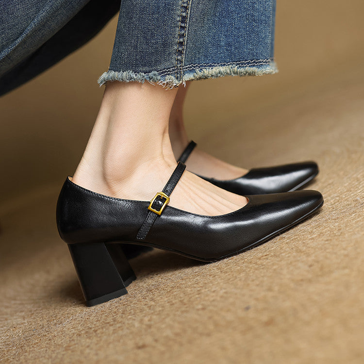 Escarpins Mary Jane Cuir Femme Bout Carré Talon Bloc