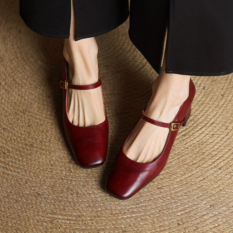 Escarpins Mary Jane Cuir Femme Bout Carré Talon Bloc