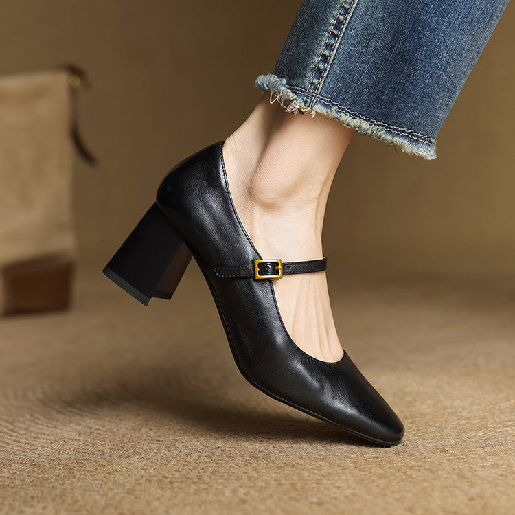 Escarpins Mary Jane Cuir Femme Bout Carré Talon Bloc