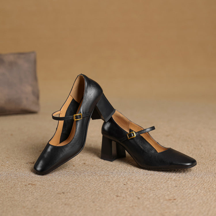 Escarpins Mary Jane Cuir Femme Bout Carré Talon Bloc