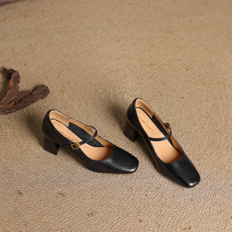 Escarpins Mary Jane Cuir Femme Bout Carré Talon Bloc