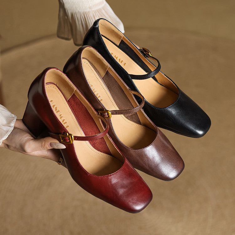 Escarpins Mary Jane Cuir Femme Bout Carré Talon Bloc