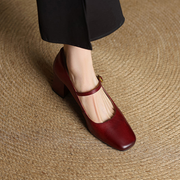Escarpins Mary Jane Cuir Femme Bout Carré Talon Bloc