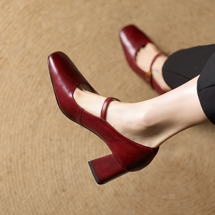 Escarpins Mary Jane Cuir Femme Bout Carré Talon Bloc