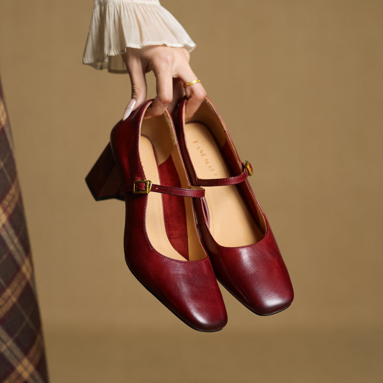 Escarpins Mary Jane Cuir Femme Bout Carré Talon Bloc
