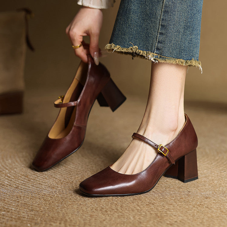 Escarpins Mary Jane Cuir Femme Bout Carré Talon Bloc - Marron