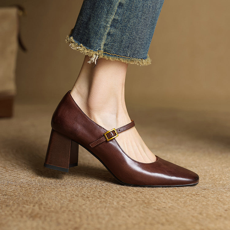 Escarpins Mary Jane Cuir Femme Bout Carré Talon Bloc