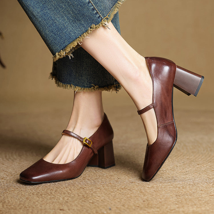 Escarpins Mary Jane Cuir Femme Bout Carré Talon Bloc