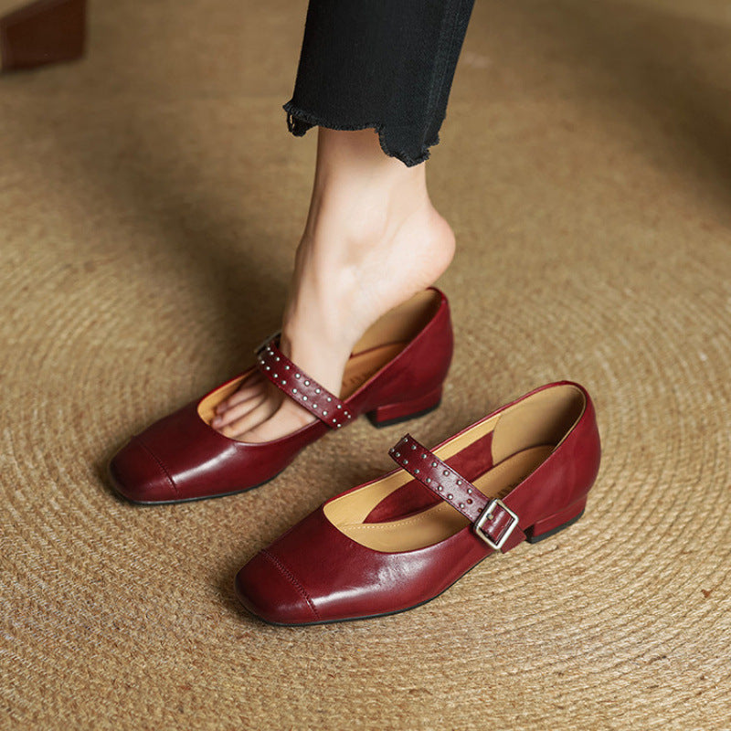 Escarpins Mary Jane Femme Cuir Véritable Bride Cloutée Talon Bas Confort