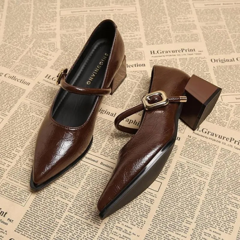Escarpins Mary Jane Femme Cuir Bout Pointu Talon Bloc Plateforme