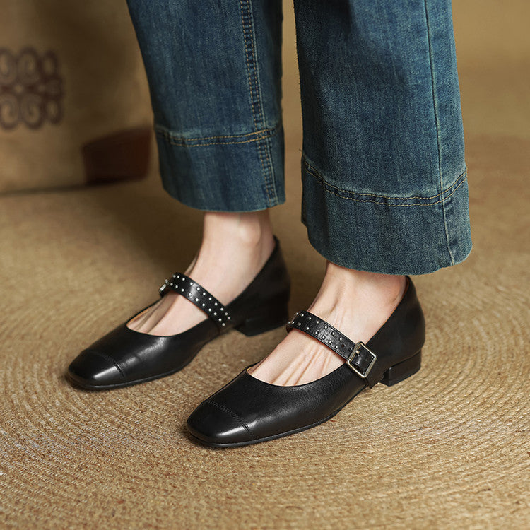 Escarpins Mary Jane Femme en Cuir Véritable - Noir