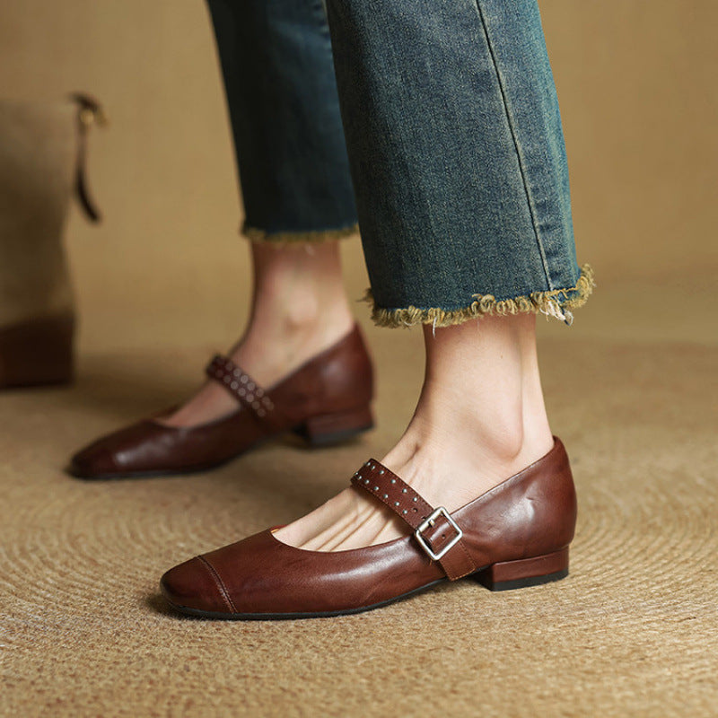 Escarpins Mary Jane Femme en Cuir Véritable - Marron