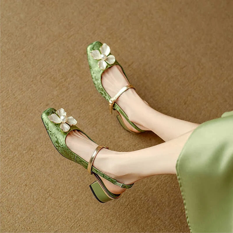 Escarpins slingback femme talon carré détail fleur