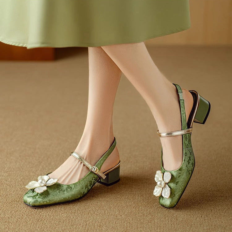 Escarpins slingback femme talon carré détail fleur