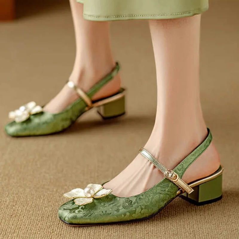 Escarpins slingback femme talon carré détail fleur