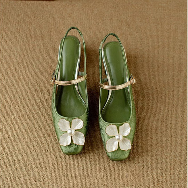 Escarpins slingback femme talon carré détail fleur