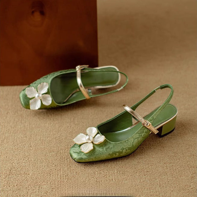 Escarpins slingback femme talon carré détail fleur