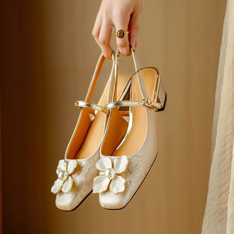 Escarpins slingback femme talon carré détail fleur