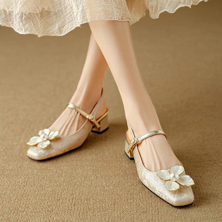 Escarpins slingback femme talon carré détail fleur
