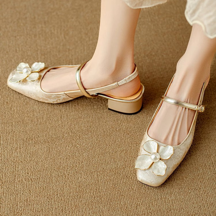Escarpins slingback femme talon carré détail fleur