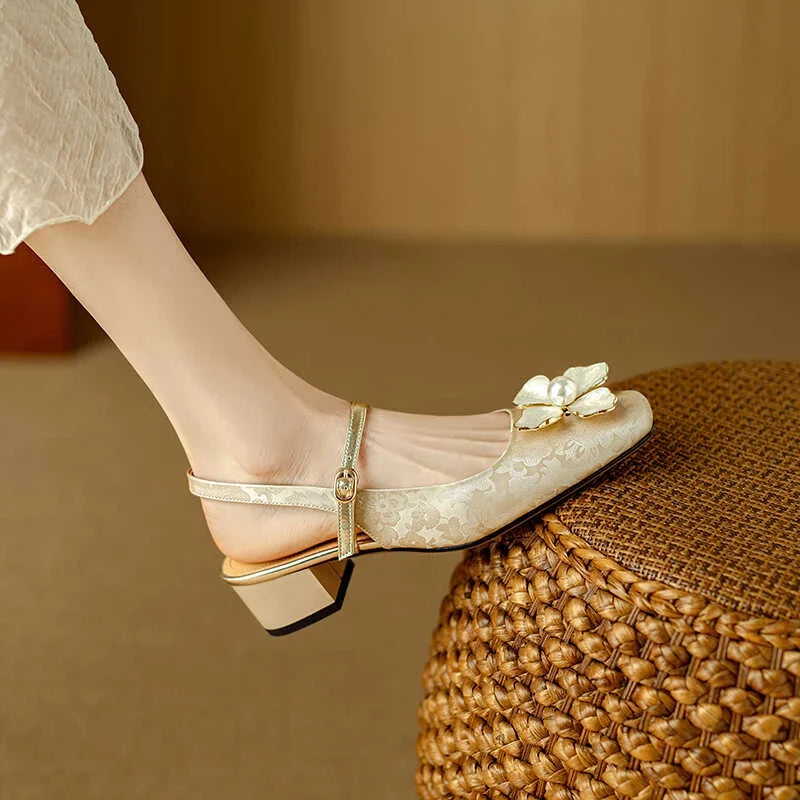 Escarpins slingback femme talon carré détail fleur