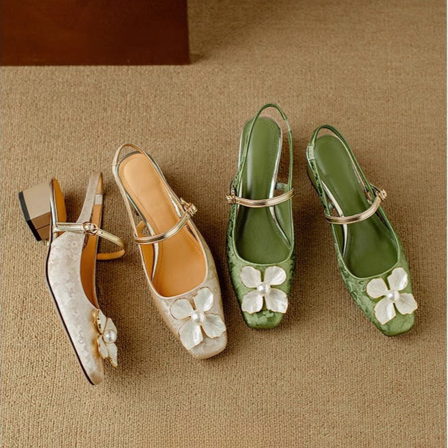 Escarpins slingback femme talon carré détail fleur