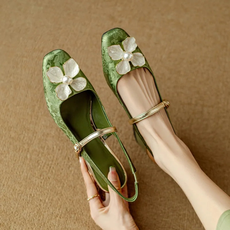 Escarpins slingback femme talon carré détail fleur - Vert