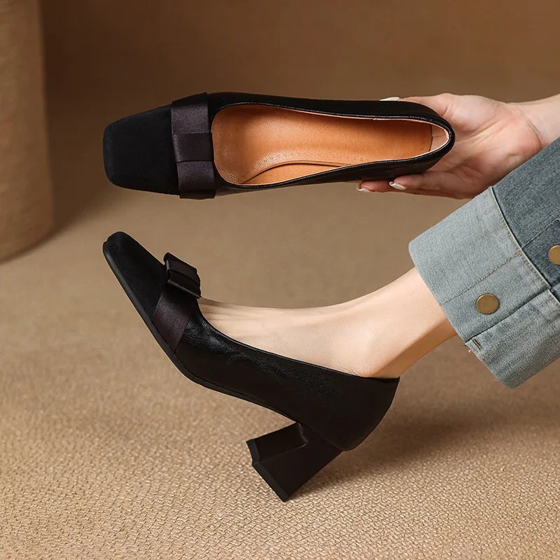 Escarpins Talon Bloc Femme en Cuir avec Nœud - Noir